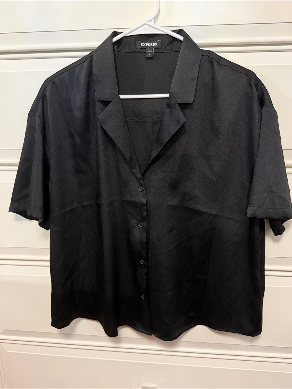 Express Black Satin Short-Sleeve Button Front Top